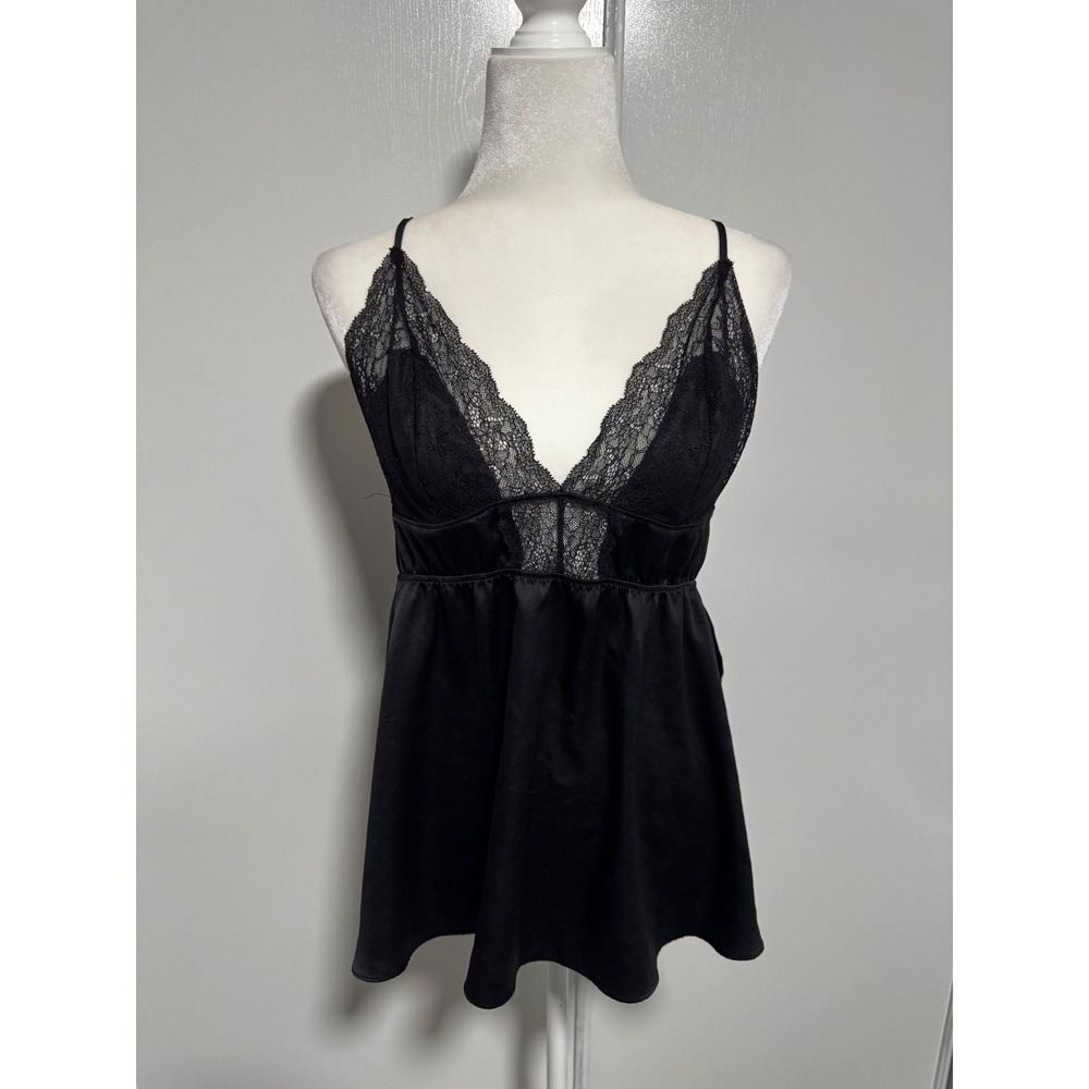 Victorias‎ Secret Black Satin Lace Trim Babydoll Chemise Lingerie Top Large